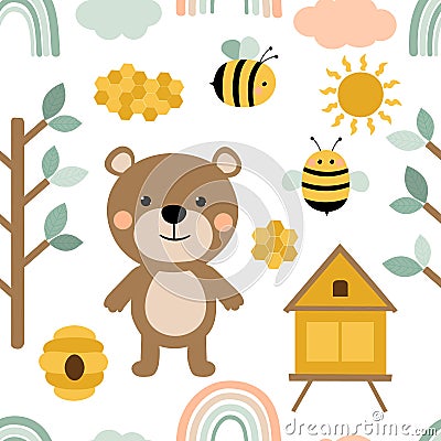 Seamless pattern Bear bees honey vector illustration. Pink and blue trees cloud rainbow Cartoon Illustration